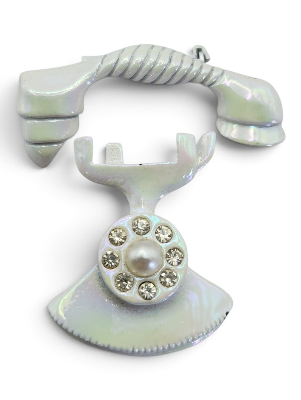 Vintage Iridescent White Enamel Rotary Phone Brooch - 2-Pieces